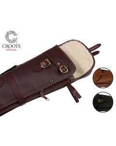 Croots Byland Leather Double Shotgun Slip with flap, zip and handles – premium brown leather twin gun case, handmade in England with fleece lining

