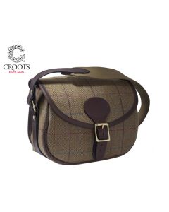 Croots Helmsley Tweed Cartridge Bag – classic tweed fabric cartridge bag with leather trim and flap closure, adjustable shoulder strap

