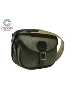 Croots Helmsley Tweed Cartridge Bag – classic tweed fabric cartridge bag with leather trim and flap closure, adjustable shoulder strap

