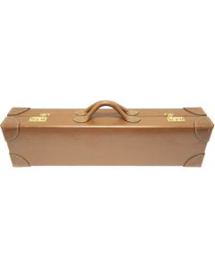 “Medium tan leather double motor case for secure transport of two firearms or accessories”

