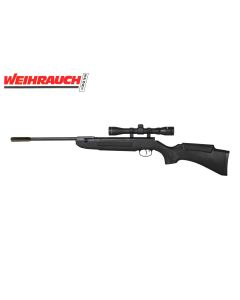 Weihrauch HW30S synthetic air rifle with mounted scope on black stock

