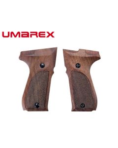 Umarex CP88 walnut wooden grips installed on pistol

