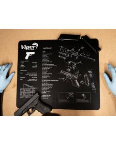Viper Tactical Glock schematic pistol cleaning mat on workbench

