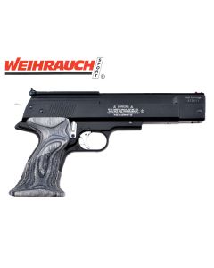 Weihrauch HW45 Black Star air pistol with laminated grips on grey background

