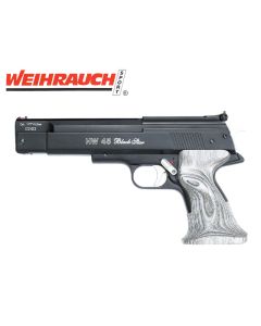 Weihrauch HW45 Black Star air pistol with laminated grips on grey background

