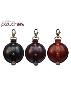 Wilkins leather pellet pouch with secure stud fastening on brown backdrop

