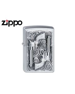 Zippo lighter with revolver design on bright chrome body

